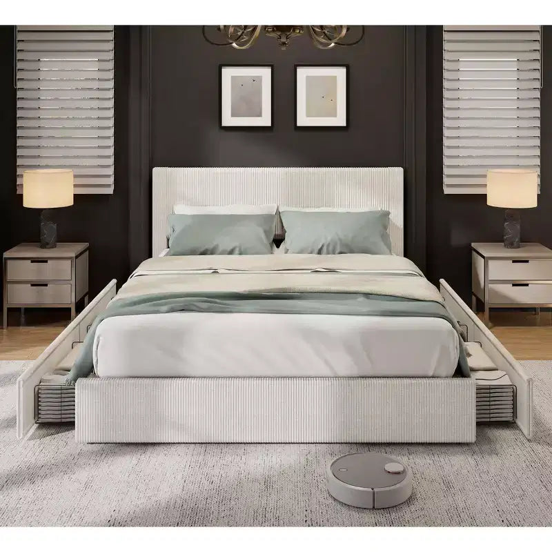 Cadre de lit King Size avec tête de lit haute capitonnée à oreilles, cadre de lit King Size en velours rembourré avec 4 tiroirs de rangement et support à lattes en bois