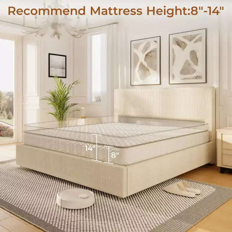Cadre de lit King Size avec tête de lit haute capitonnée à oreilles, cadre de lit King Size en velours rembourré avec 4 tiroirs de rangement et support à lattes en bois