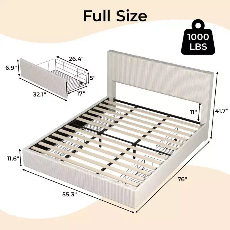 Cadre de lit King Size avec tête de lit haute capitonnée à oreilles, cadre de lit King Size en velours rembourré avec 4 tiroirs de rangement et support à lattes en bois