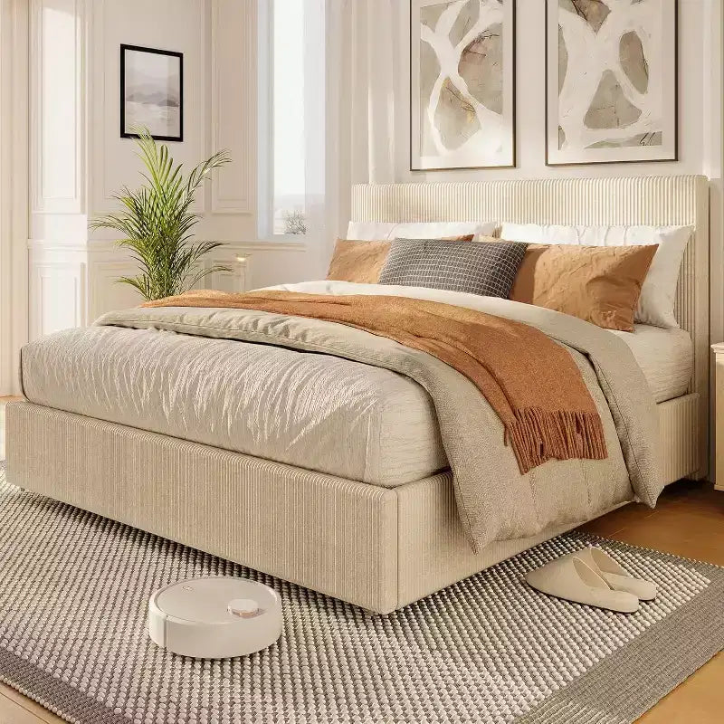 Cadre de lit King Size avec tête de lit haute capitonnée à oreilles, cadre de lit King Size en velours rembourré avec 4 tiroirs de rangement et support à lattes en bois