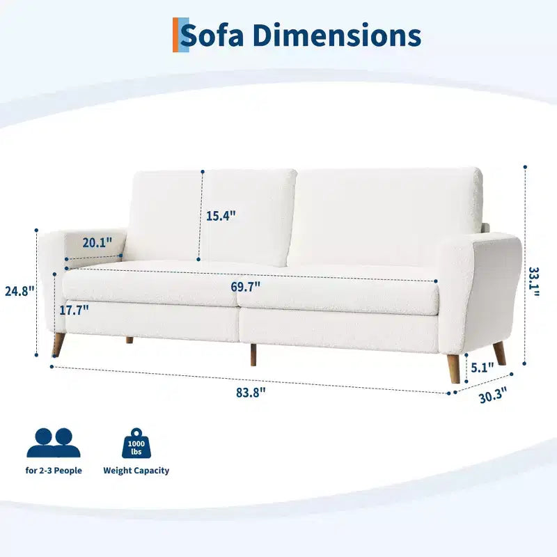 Canapé 84 po, Canapé 3 places pour salon, Causeuse moderne, Canapé Boucle avec sièges profonds et accoudoirs larges, Pieds en bois, Montage facile, Bleu foncé