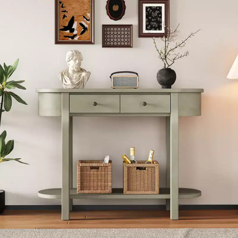 MAYEERTY Retro Console Table with Curved Design and Smooth Glaze for Entryways Living Room Hallways Turquoise Gray