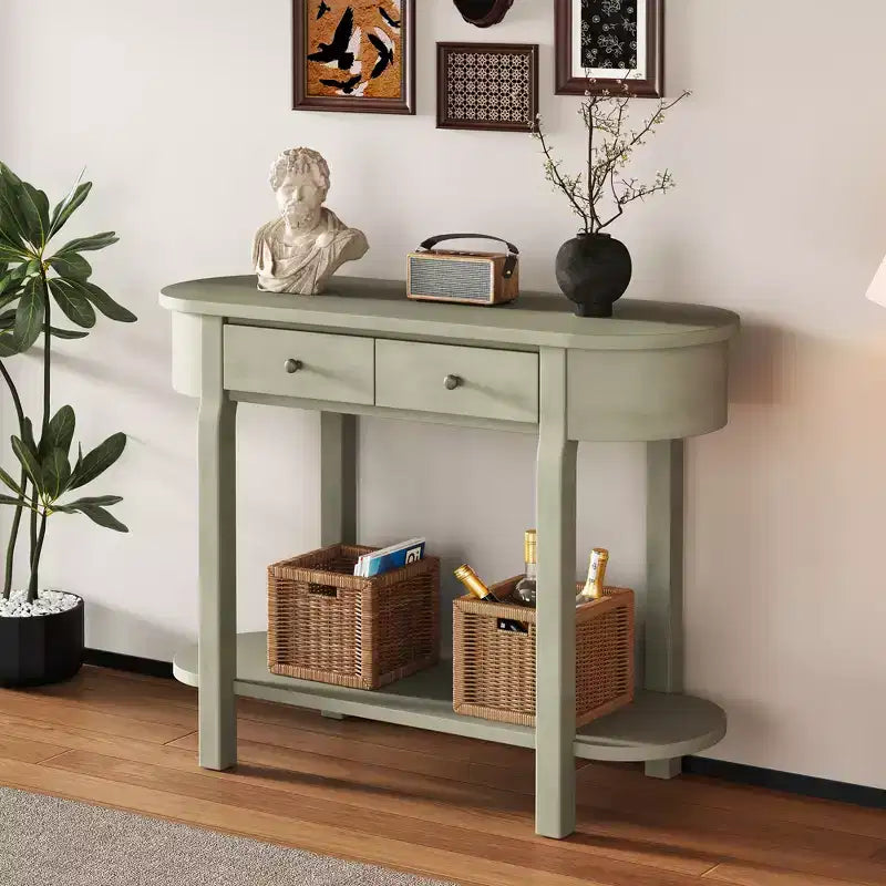 MAYEERTY Retro Console Table with Curved Design and Smooth Glaze for Entryways Living Room Hallways Turquoise Gray