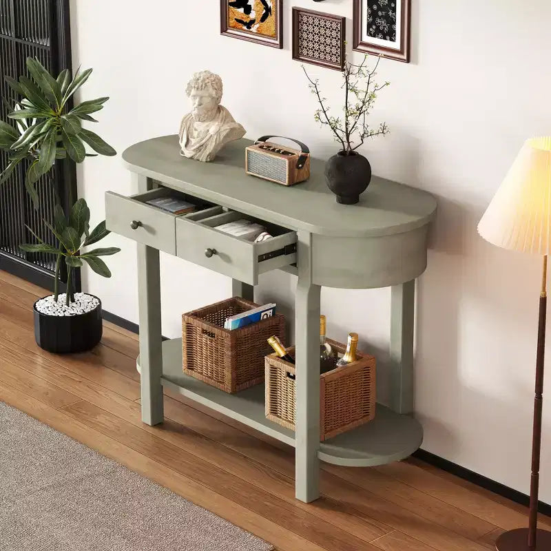 MAYEERTY Retro Console Table with Curved Design and Smooth Glaze for Entryways Living Room Hallways Turquoise Gray
