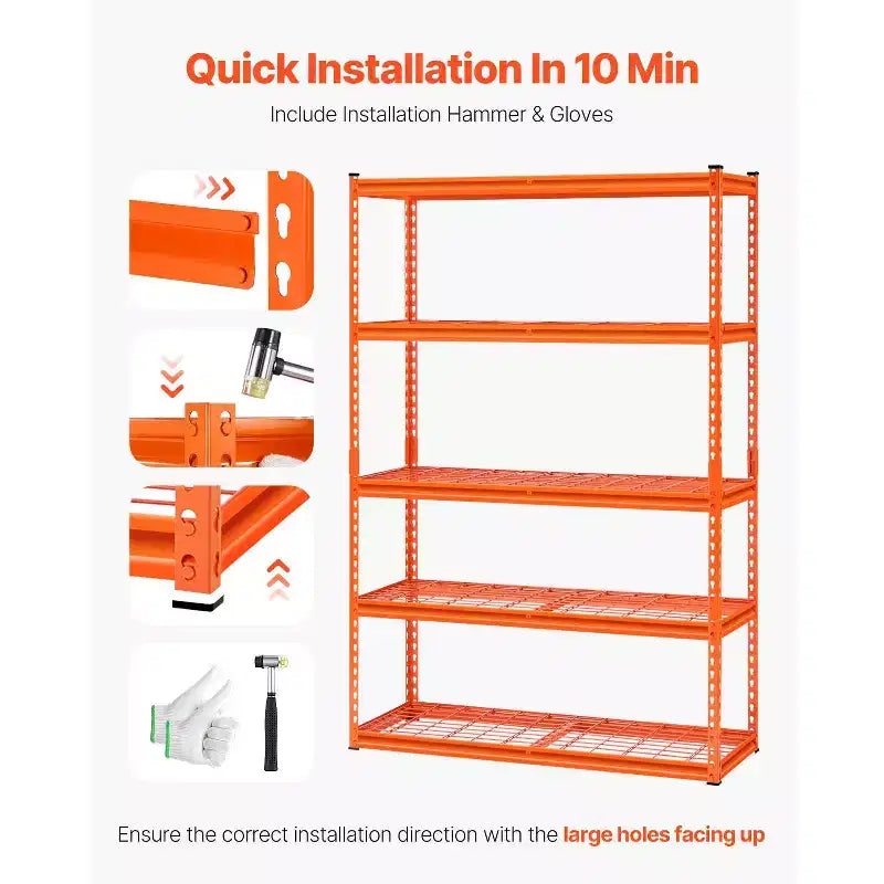 Étagères de rangement VEVOR, 1134 kg, étagères de garage robustes à 5 niveaux, étagères métalliques réglables 45,7 P x 121,9 L x 182,9 H, Orange