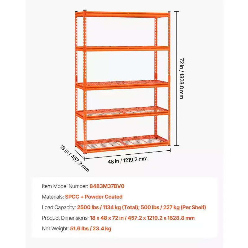 Étagères de rangement VEVOR, 1134 kg, étagères de garage robustes à 5 niveaux, étagères métalliques réglables 45,7 P x 121,9 L x 182,9 H, Orange