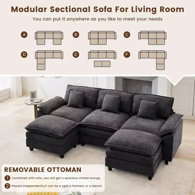 Likepay 105.9 in. Chenille Fabric 5 seat Sectional Sofa with 2 Ottomans