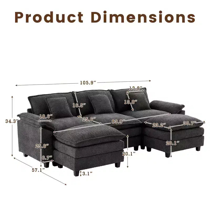 Likepay 105.9 in. Chenille Fabric 5 seat Sectional Sofa with 2 Ottomans