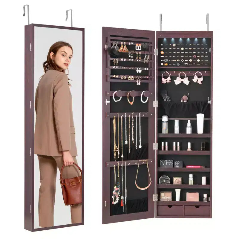 VEVOR Mirror Jewelry Cabinet, 47.05-Inch Tall Lockable Jewelry Cabinet Armoire with Full-Length Mirror, Wall or Door Mounted Jewelry Mirror, Brown