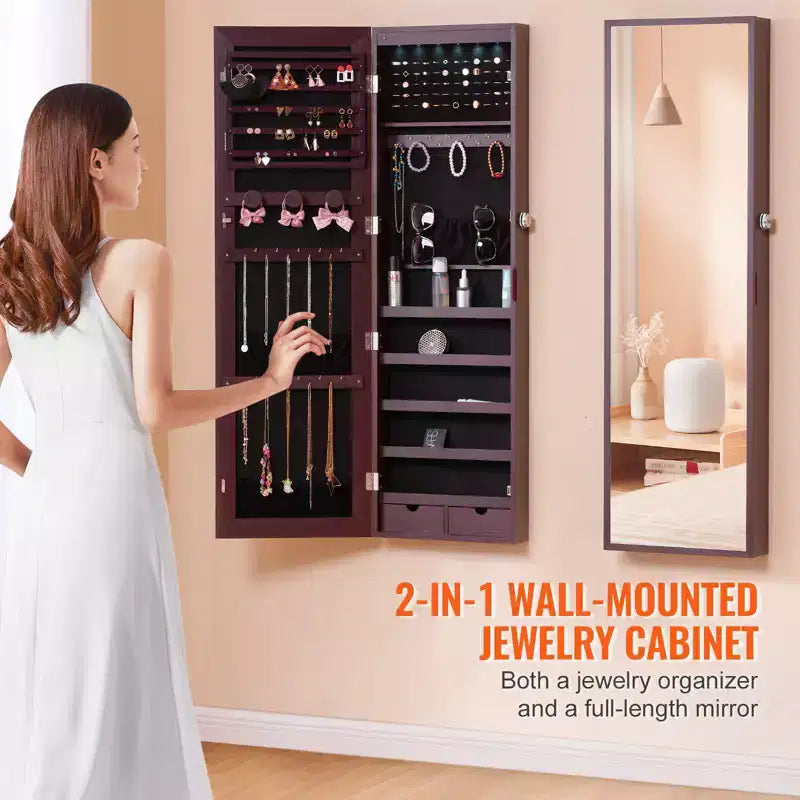Meuble à bijoux avec miroir VEVOR, armoire à bijoux verrouillable de 119,5 cm de haut avec miroir pleine longueur, miroir à bijoux mural ou à accrocher à la porte, marron