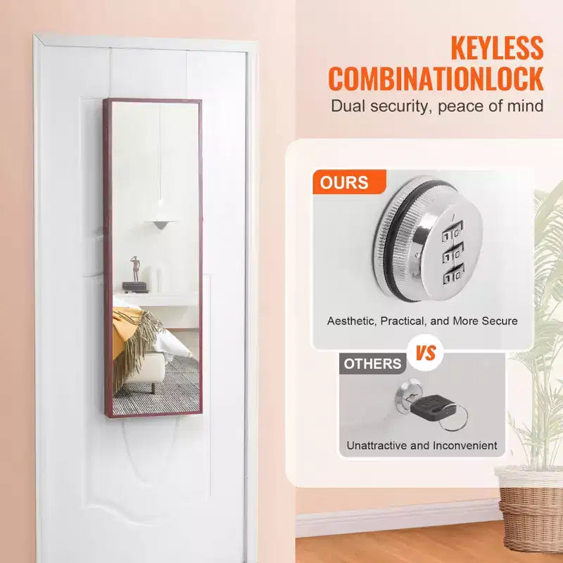 Meuble à bijoux avec miroir VEVOR, armoire à bijoux verrouillable de 119,5 cm de haut avec miroir pleine longueur, miroir à bijoux mural ou à accrocher à la porte, marron