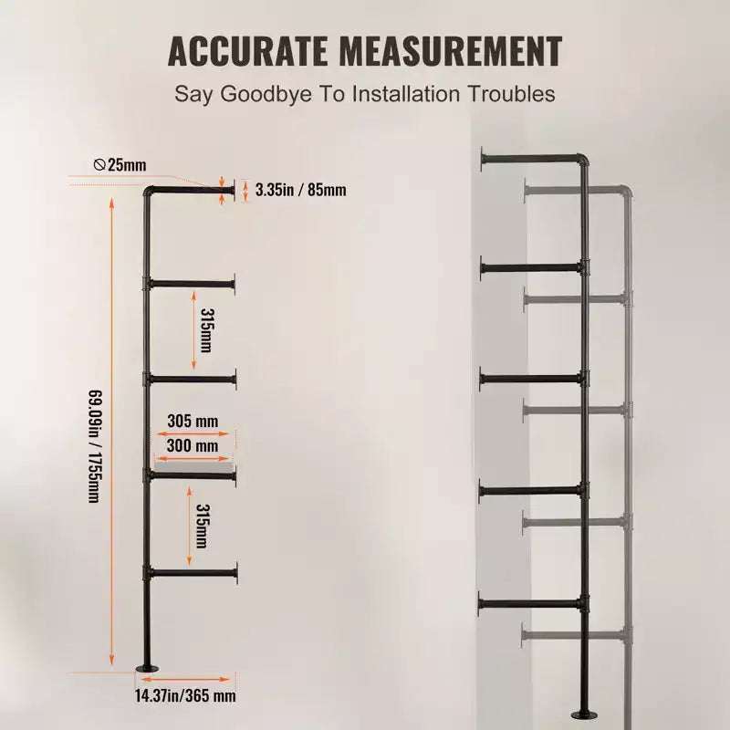 Étagère à tuyaux industriels VEVOR, 5 niveaux 2 pièces, largeur de planche applicable 30 cm, support mural flottant pour étagères en bois rustique, noir