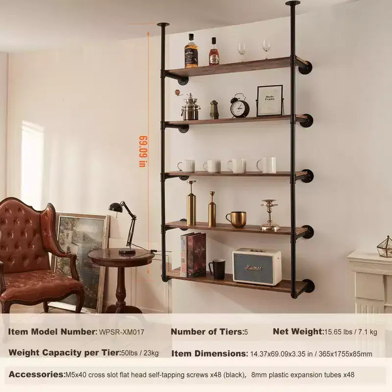 Étagère à tuyaux industriels VEVOR, 5 niveaux 2 pièces, largeur de planche applicable 30 cm, support mural flottant pour étagères en bois rustique, noir