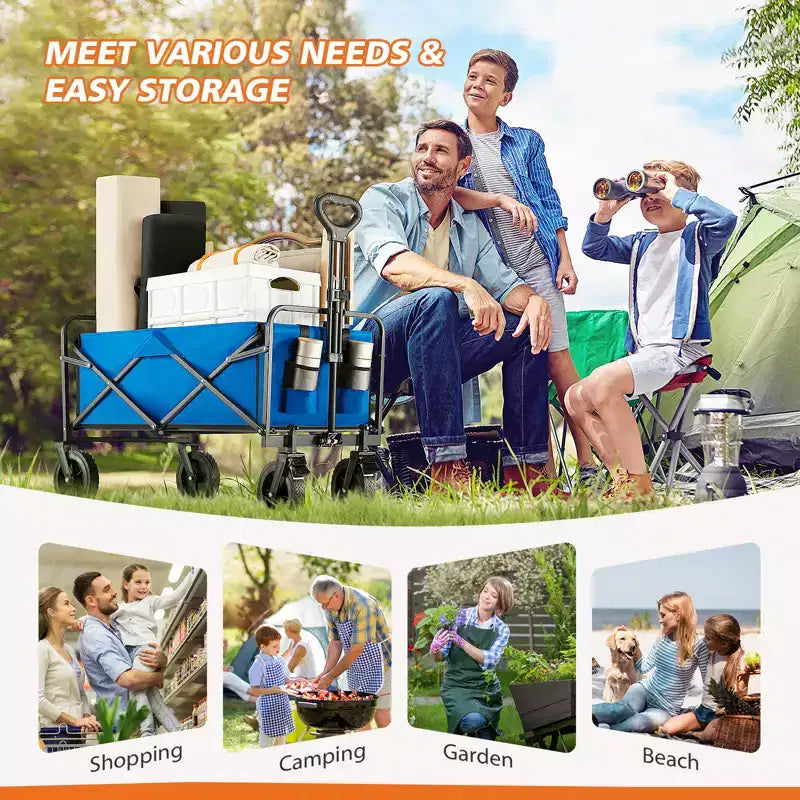 Chariot pliant pliable avec roues tout-terrain Chariot utilitaire robuste pour le camping et le shopping Capacité de 150 kg (Grand-Bleu)