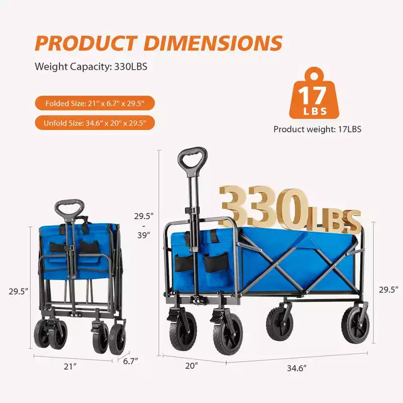 Chariot pliant pliable avec roues tout-terrain Chariot utilitaire robuste pour le camping et le shopping Capacité de 150 kg (Grand-Bleu)