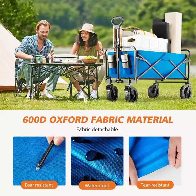 Chariot pliant pliable avec roues tout-terrain Chariot utilitaire robuste pour le camping et le shopping Capacité de 150 kg (Grand-Bleu)