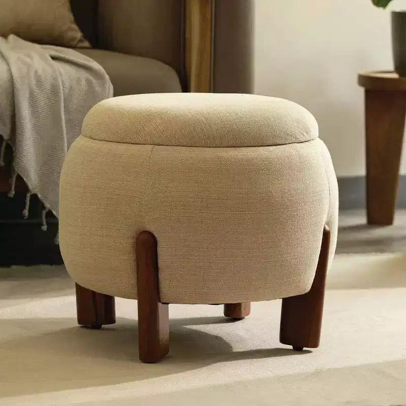 GDFStudio Haley Modern Mango Wood and Linen Upholstered Round Ottoman