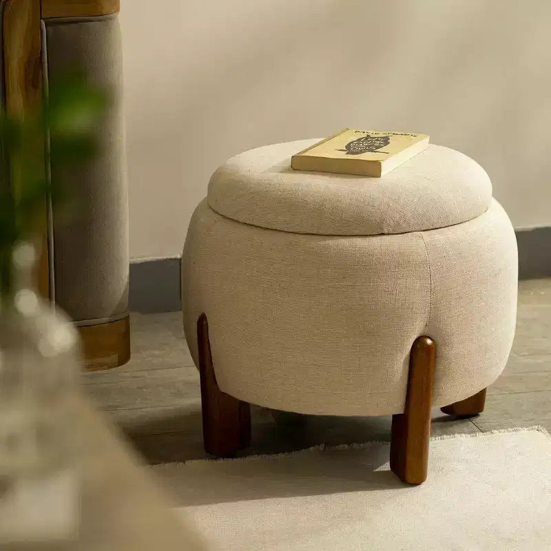 GDFStudio Haley Pouf rond moderne en bois de manguier et lin