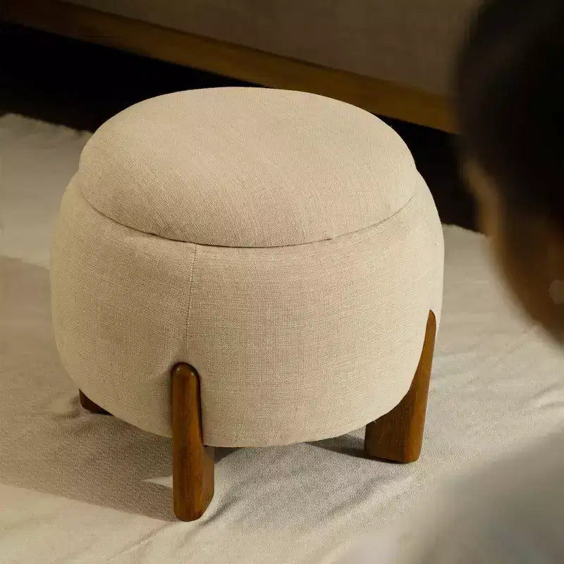 GDFStudio Haley Pouf rond moderne en bois de manguier et lin
