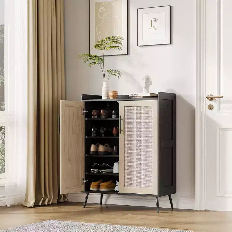 COZONY 5-Tier Rattan Shoe Cabinet with Adjustable Shelves & Metal Legs, Farmhouse Entryway Organizer
