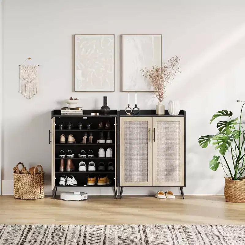 COZONY 5-Tier Rattan Shoe Cabinet with Adjustable Shelves & Metal Legs, Farmhouse Entryway Organizer