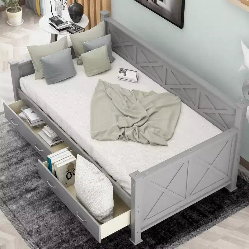 Wooden Twin Daybed with 2 Storage Drawers, Modern and Rustic Casual Style Daybed Frame for Bedroom Living Room Guest Room