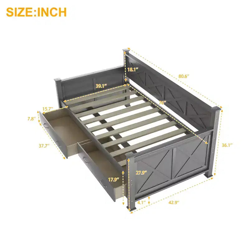 Wooden Twin Daybed with 2 Storage Drawers, Modern and Rustic Casual Style Daybed Frame for Bedroom Living Room Guest Room