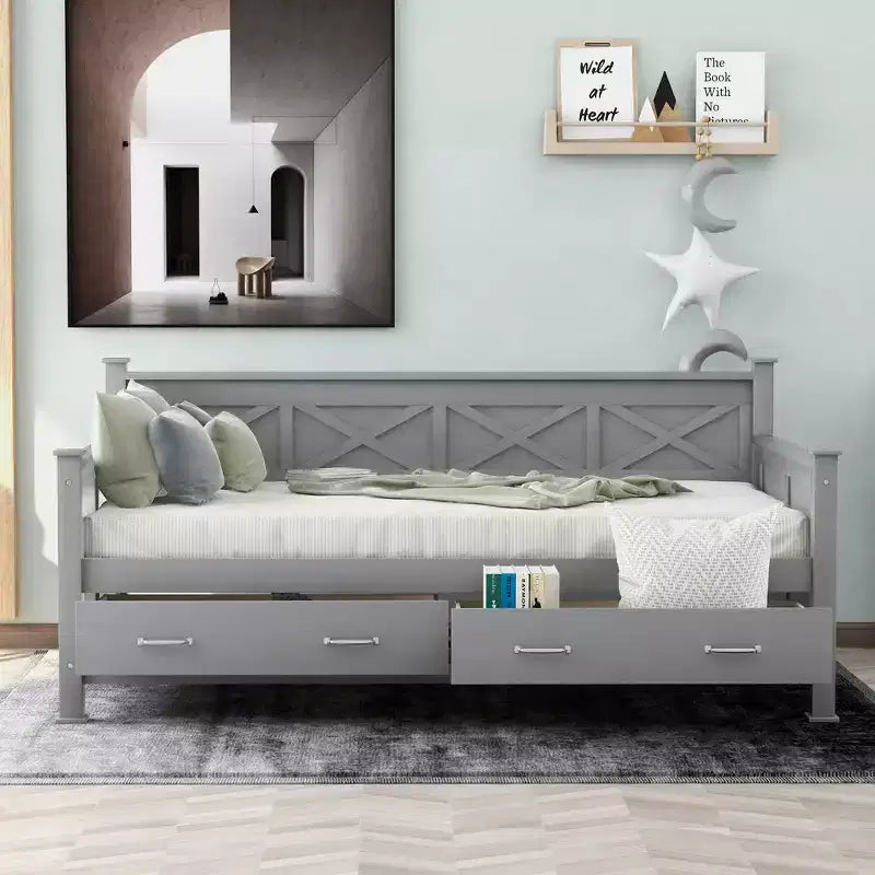 Wooden Twin Daybed with 2 Storage Drawers, Modern and Rustic Casual Style Daybed Frame for Bedroom Living Room Guest Room