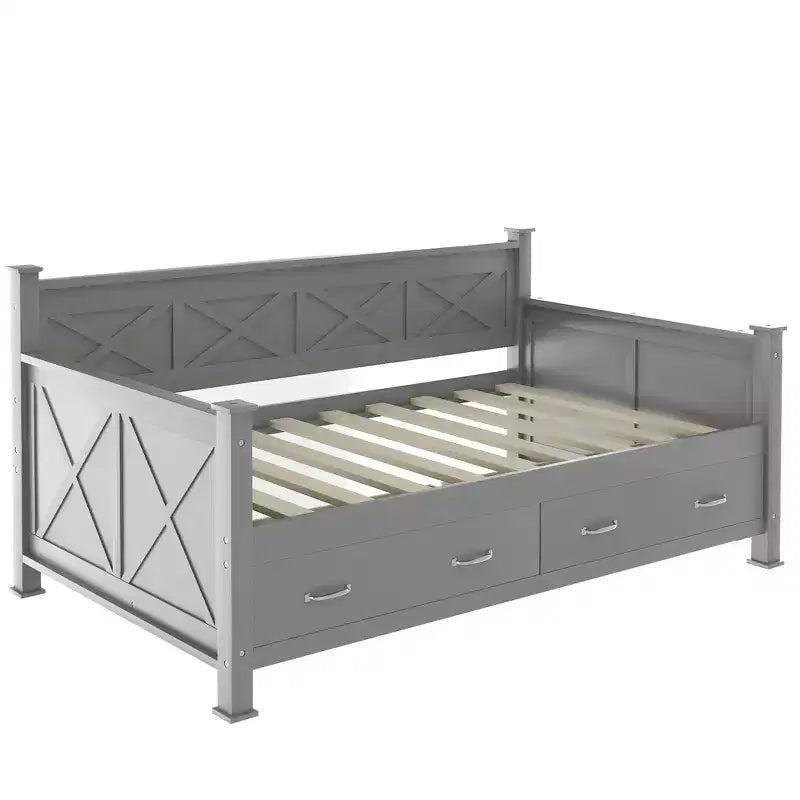 Wooden Twin Daybed with 2 Storage Drawers, Modern and Rustic Casual Style Daybed Frame for Bedroom Living Room Guest Room