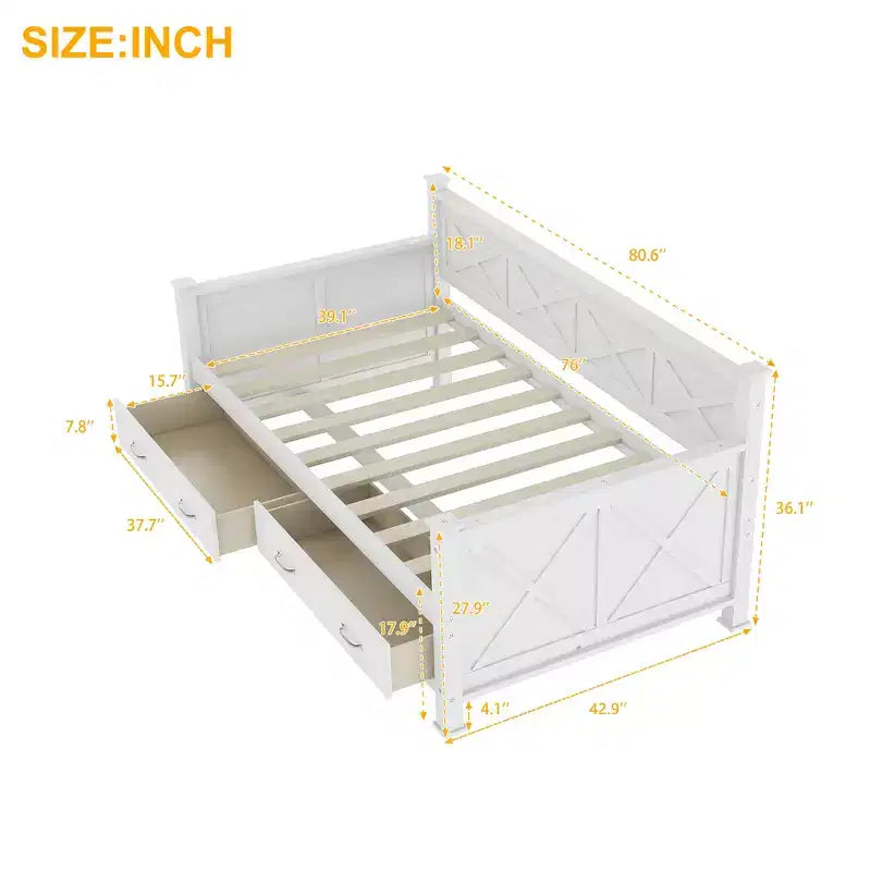 Wooden Twin Daybed with 2 Storage Drawers, Modern and Rustic Casual Style Daybed Frame for Bedroom Living Room Guest Room
