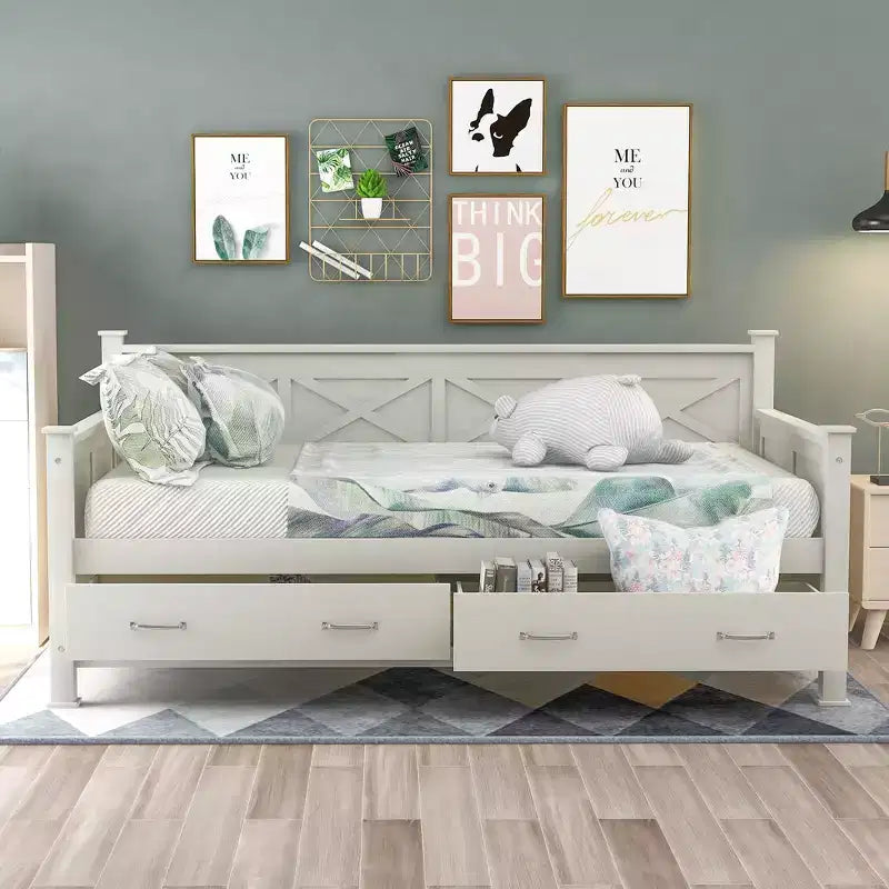 Wooden Twin Daybed with 2 Storage Drawers, Modern and Rustic Casual Style Daybed Frame for Bedroom Living Room Guest Room