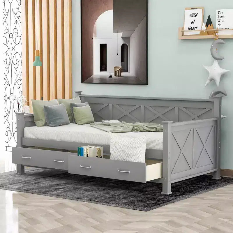 Wooden Twin Daybed with 2 Storage Drawers, Modern and Rustic Casual Style Daybed Frame for Bedroom Living Room Guest Room