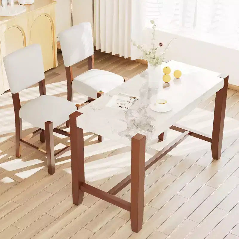 3/5-Piece Counter Height Dining Table Set, Faux Marble Table & Upholstered Chairs with Rubber Wood Legs, Brown - ModernLuxe