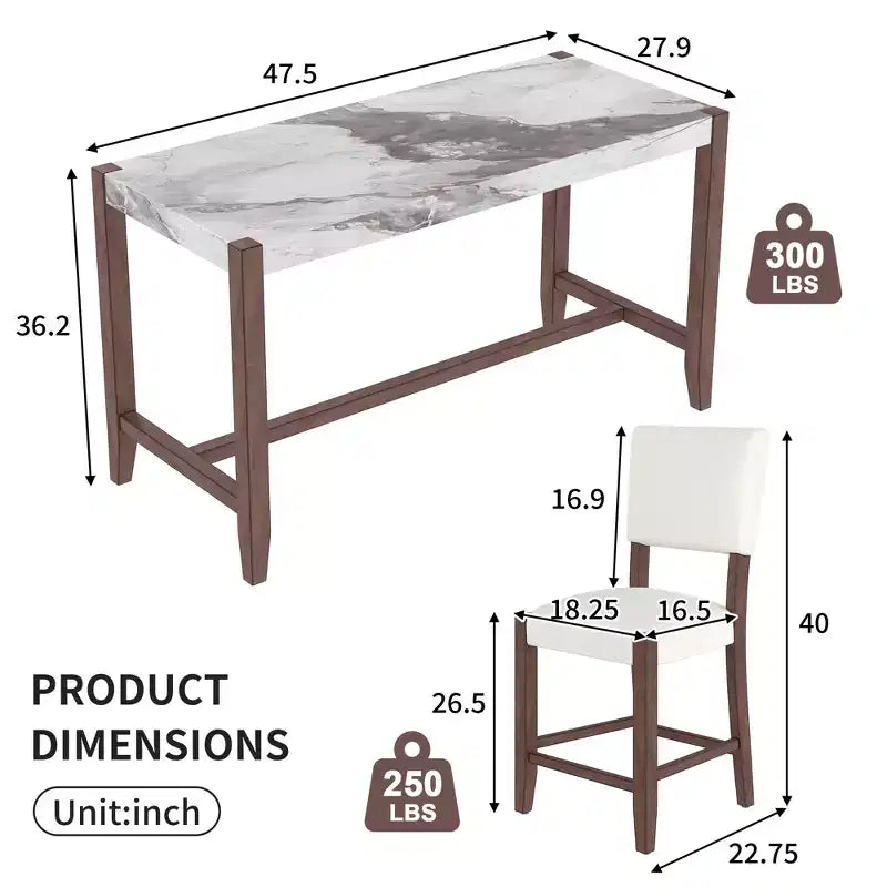3/5-Piece Counter Height Dining Table Set, Faux Marble Table & Upholstered Chairs with Rubber Wood Legs, Brown - ModernLuxe