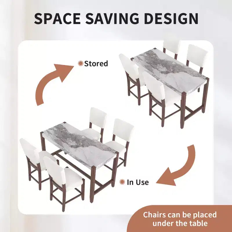 3/5-Piece Counter Height Dining Table Set, Faux Marble Table & Upholstered Chairs with Rubber Wood Legs, Brown - ModernLuxe