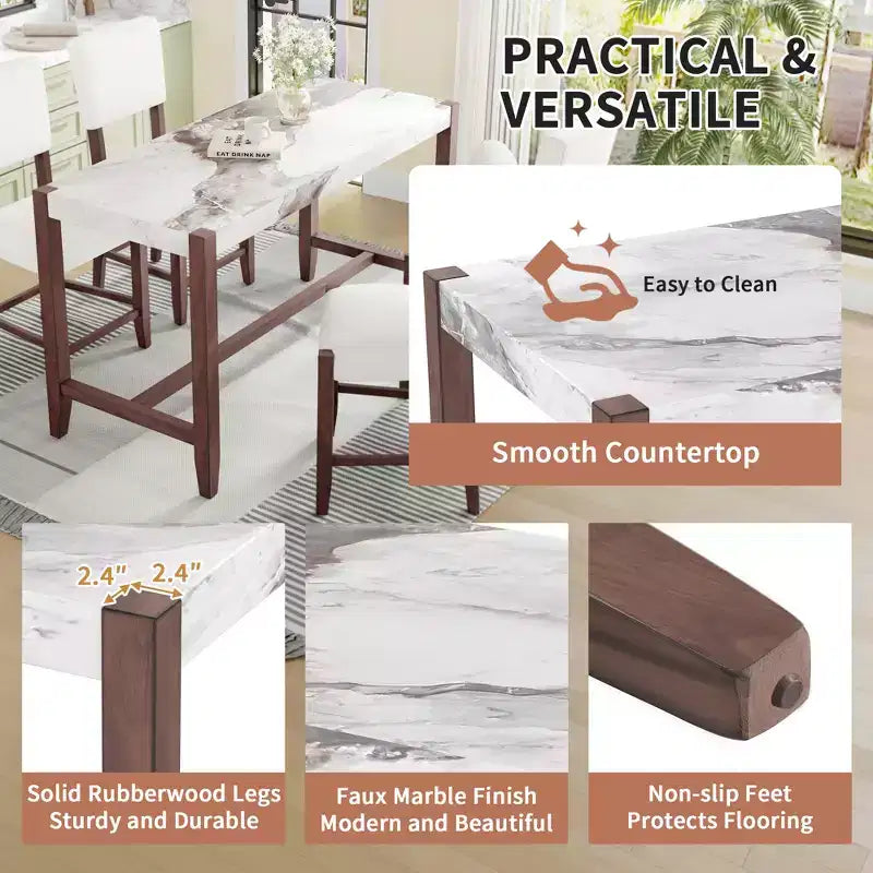 3/5-Piece Counter Height Dining Table Set, Faux Marble Table & Upholstered Chairs with Rubber Wood Legs, Brown - ModernLuxe