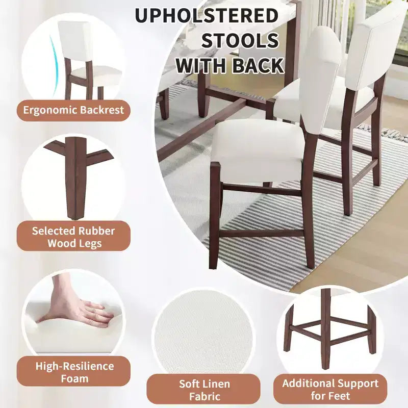 3/5-Piece Counter Height Dining Table Set, Faux Marble Table & Upholstered Chairs with Rubber Wood Legs, Brown - ModernLuxe