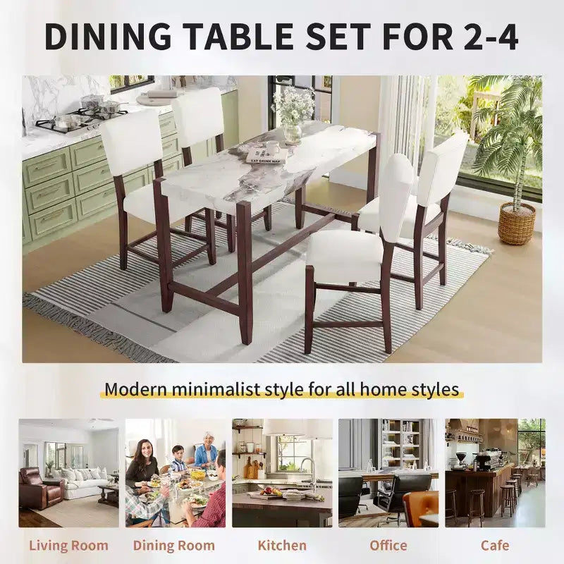 3/5-Piece Counter Height Dining Table Set, Faux Marble Table & Upholstered Chairs with Rubber Wood Legs, Brown - ModernLuxe