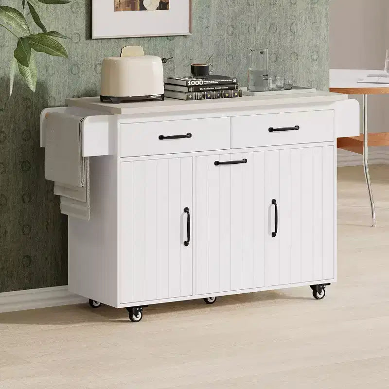 Okak Kitchen Island with Trash Cabinet, Countertop Organizer with Drop Leaf, Spice Rack, Towel Rack and Adjustable Shelf, Kitchen Cart, White