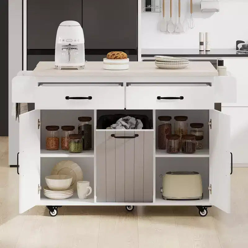 Okak Kitchen Island with Trash Cabinet, Countertop Organizer with Drop Leaf, Spice Rack, Towel Rack and Adjustable Shelf, Kitchen Cart, White