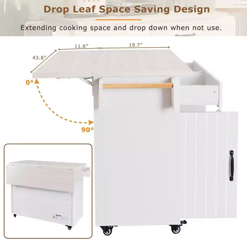 Okak Kitchen Island with Trash Cabinet, Countertop Organizer with Drop Leaf, Spice Rack, Towel Rack and Adjustable Shelf, Kitchen Cart, White