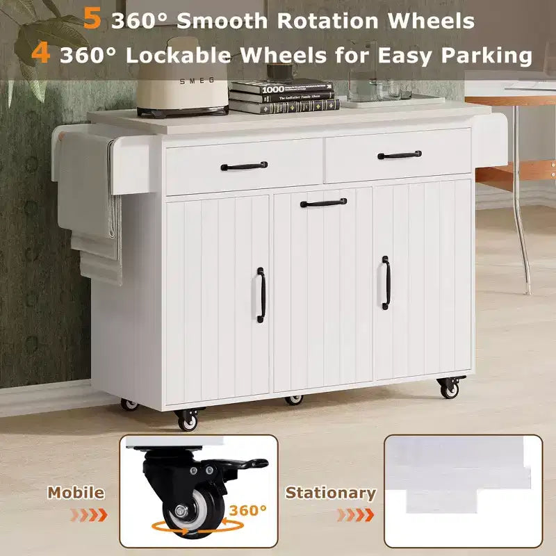 Okak Kitchen Island with Trash Cabinet, Countertop Organizer with Drop Leaf, Spice Rack, Towel Rack and Adjustable Shelf, Kitchen Cart, White