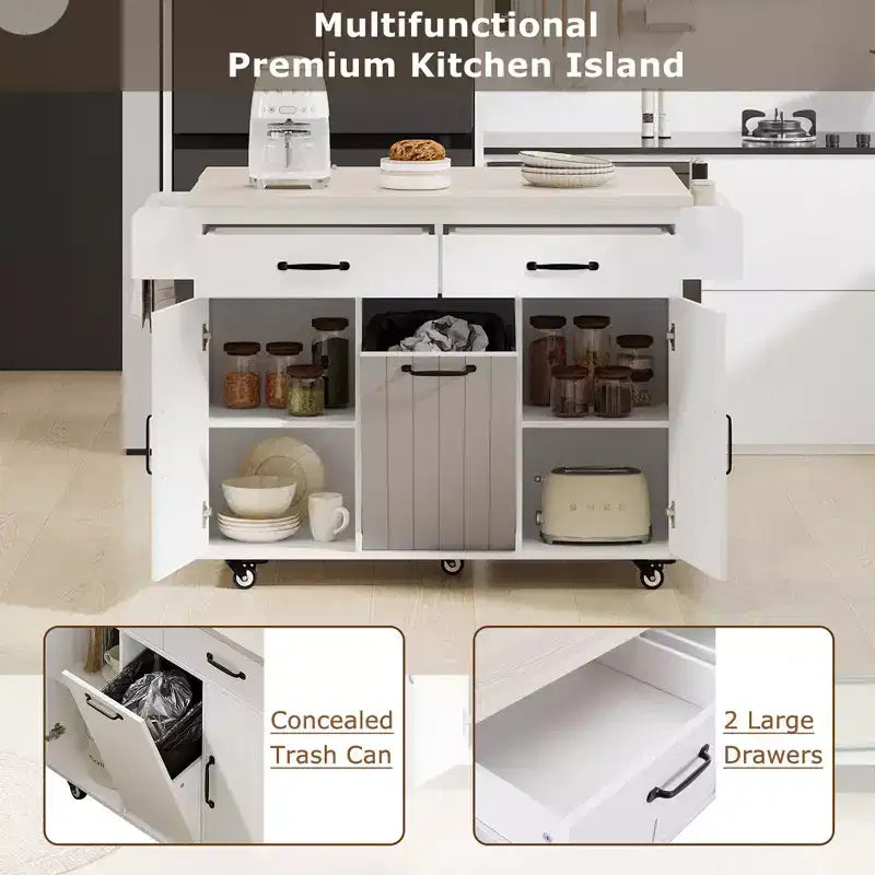 Okak Kitchen Island with Trash Cabinet, Countertop Organizer with Drop Leaf, Spice Rack, Towel Rack and Adjustable Shelf, Kitchen Cart, White