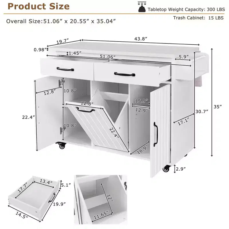 Okak Kitchen Island with Trash Cabinet, Countertop Organizer with Drop Leaf, Spice Rack, Towel Rack and Adjustable Shelf, Kitchen Cart, White