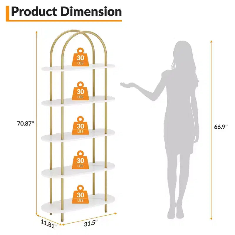 71 Arched Bookshelf, 5-Tier Tall Bookcase with Metal Frame, Freestanding Open Display Shelf for Living Room, Bedroom, Home Office