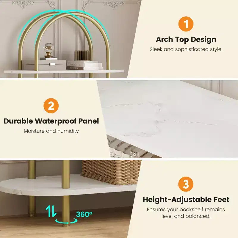 71 Arched Bookshelf, 5-Tier Tall Bookcase with Metal Frame, Freestanding Open Display Shelf for Living Room, Bedroom, Home Office