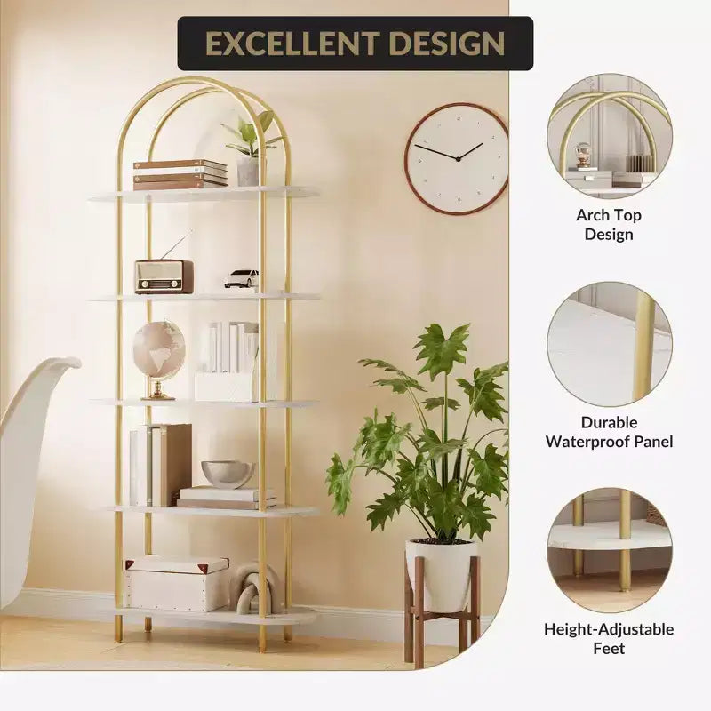 71 Arched Bookshelf, 5-Tier Tall Bookcase with Metal Frame, Freestanding Open Display Shelf for Living Room, Bedroom, Home Office