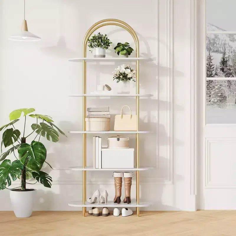 71 Arched Bookshelf, 5-Tier Tall Bookcase with Metal Frame, Freestanding Open Display Shelf for Living Room, Bedroom, Home Office