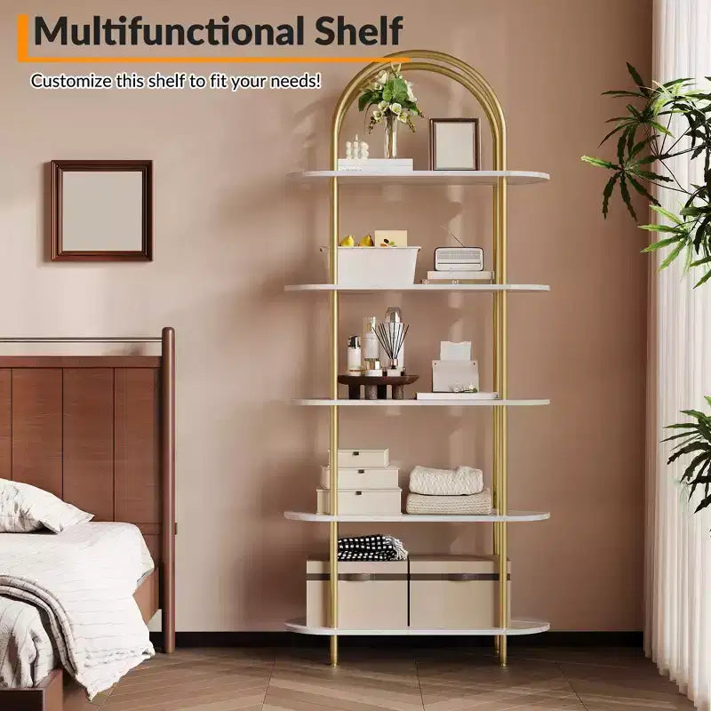 71 Arched Bookshelf, 5-Tier Tall Bookcase with Metal Frame, Freestanding Open Display Shelf for Living Room, Bedroom, Home Office