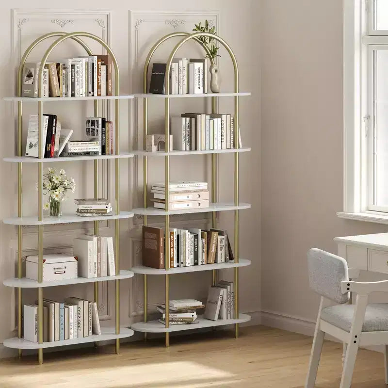 71 Arched Bookshelf, 5-Tier Tall Bookcase with Metal Frame, Freestanding Open Display Shelf for Living Room, Bedroom, Home Office